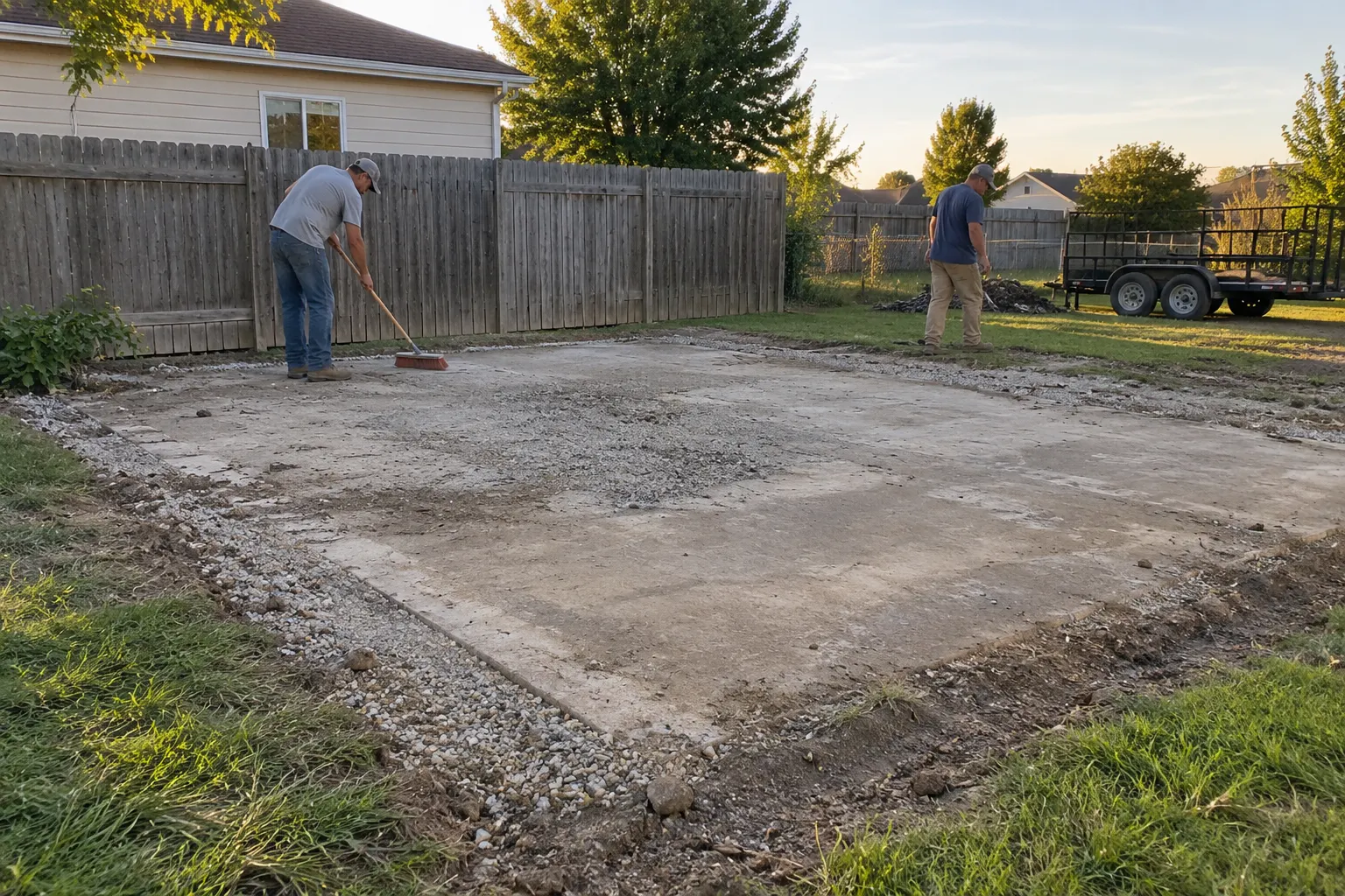 Workers sweeping a cleared shed pad after removal