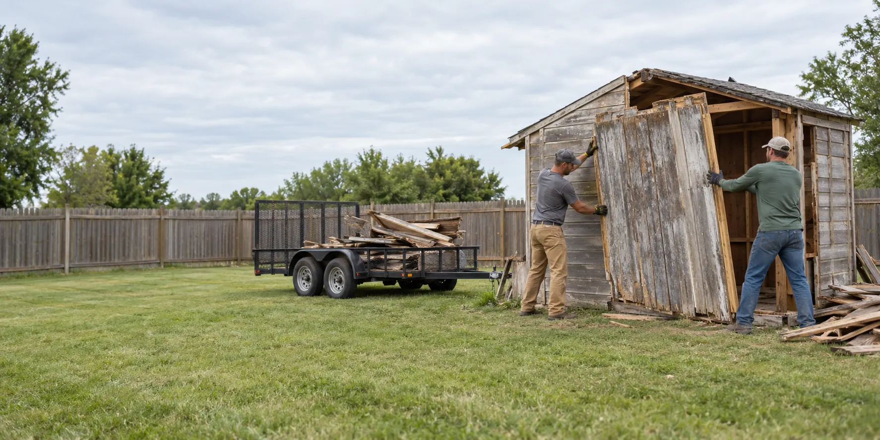 Two workers carefully dismantling a weathered wooden backyard shed