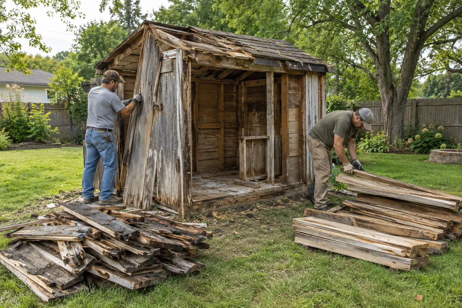 Crew working on wood shed removal in a residential yard